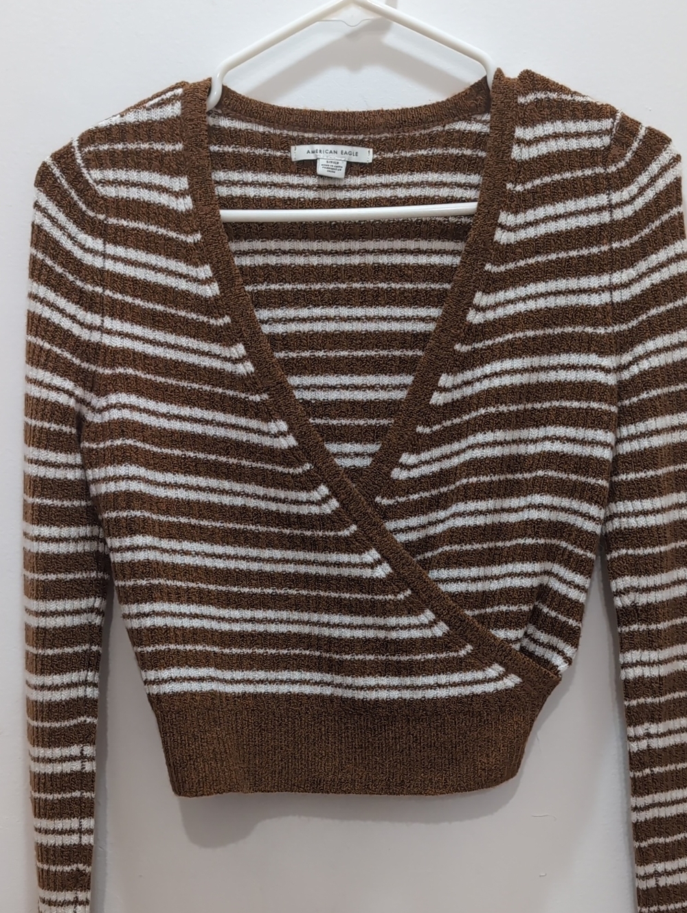 American Eagle Brown and White Striped V-Neck Wrap Sweater S